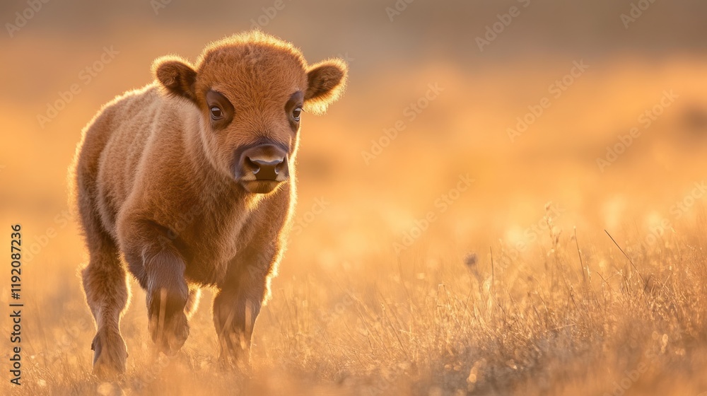Fototapeta premium A young bison calf walks through a field at sunset bathed in golden light