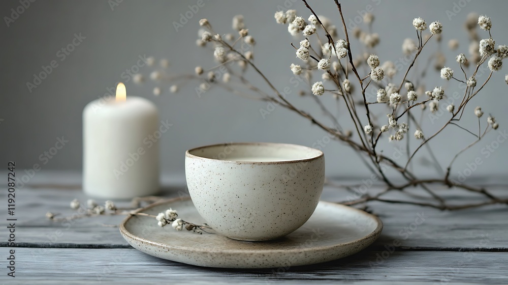Serene morning tea, minimalist setting, grey background, calm ambiance, blog/website use Serene morning tea, minimalist setting, grey background, calm ambiance, blog/website use