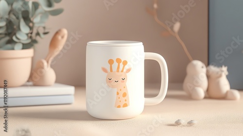 A cute giraffe mug sits on a table, surrounded by soft decor, creating a cozy and whimsical atmosphere.