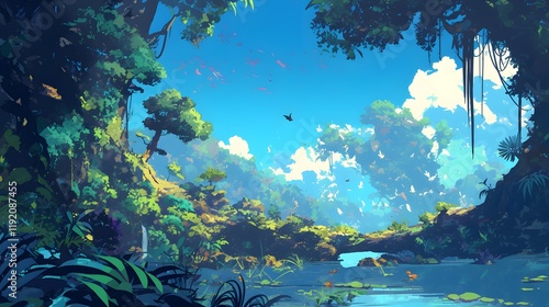 Fototapeta Naklejka Na Ścianę i Meble -  Rich, vibrant jungle scene in manga style, showcasing a lush, thriving natural environment.