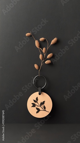 A decorative keychain featuring a wooden tag with a leaf design, attached to a branch of textured buds, set against a dark background.