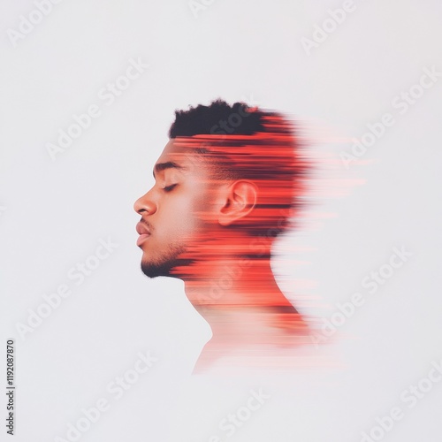 Creative Portrait of Multiracial Man with Creative Digital Glitch Distortions on White Background photo