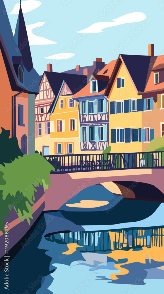Fototapeta premium Charming Colmar Village Canal View Elegant Flat Vector Art of Alsace France