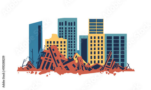 Urban Desolation: Minimalist Vector of Demolished Cityscape and Ruined Buildings