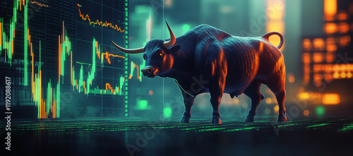 a bull standing on stock market candlestick charts photo