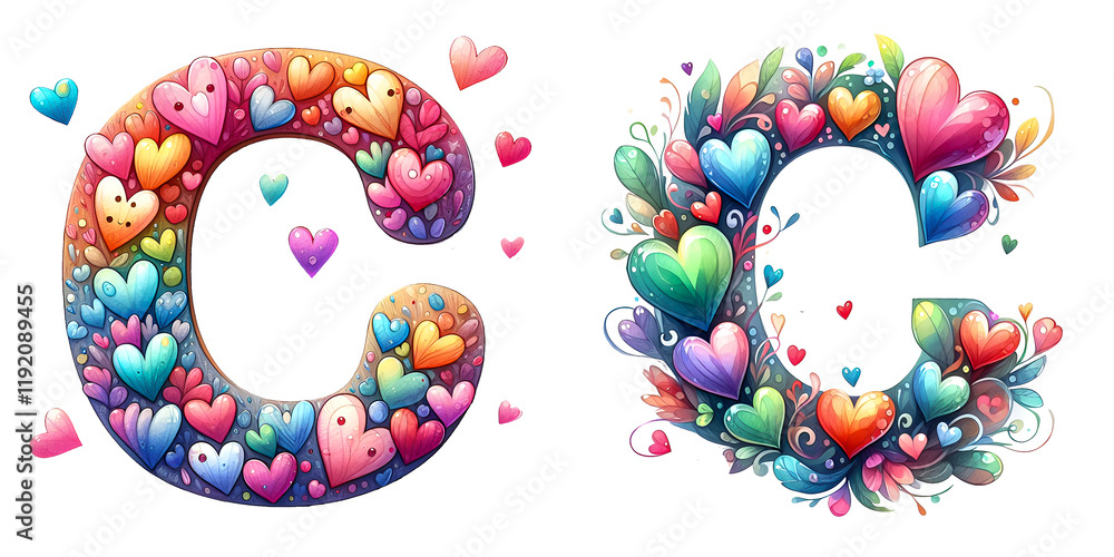 Fototapeta premium Happy Valentine's Day, colorful watercolor cute hearts letter C isolated on a white background. Holiday typography illustration