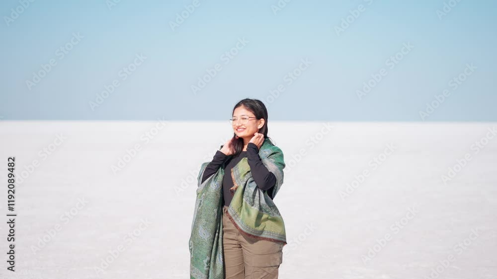 4K portrait of young Indian woman looking at landscape of White desert of Kutch in Gujarat, India. White salt land of desert in kutch during sunny day. Tourism and holidays concept. 4K portrait of young Indian woman looking at landscape of White desert of Kutch in Gujarat, India. White salt land of desert in kutch during sunny day. Tourism and holidays concept.