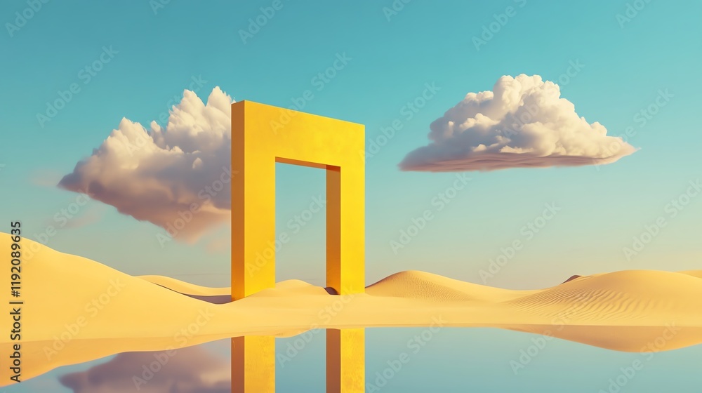 A surreal yellow arch stands in a vast desert landscape under a clear sky, reflecting on the smooth surface of water. A surreal yellow arch stands in a vast desert landscape under a clear sky, reflecting on the smooth surface of water.