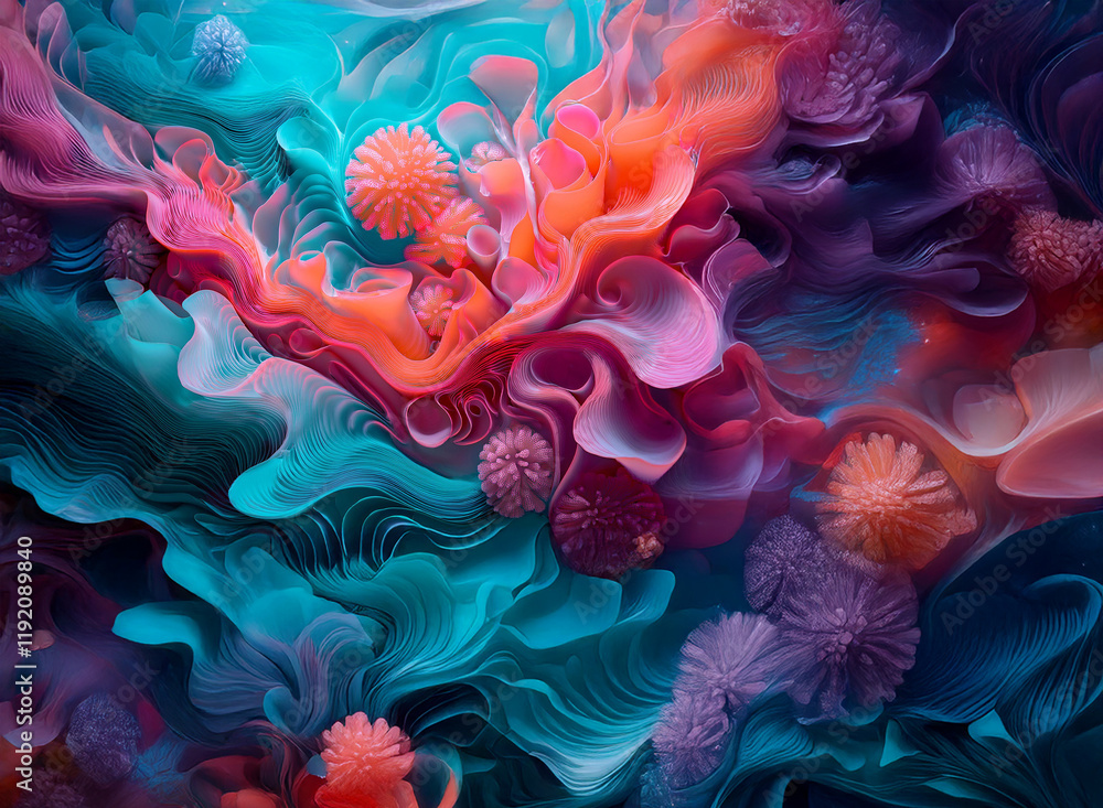 Fototapeta premium Abstract swirling forms in vibrant hues of pink, orange, purple, and teal create a mesmerizing, dreamlike background. Soft, organic shapes resemble coral or flowers.