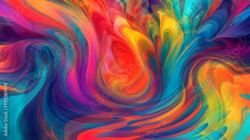 A vibrant, swirling abstract design showcasing a spectrum of colors and fluid shapes.