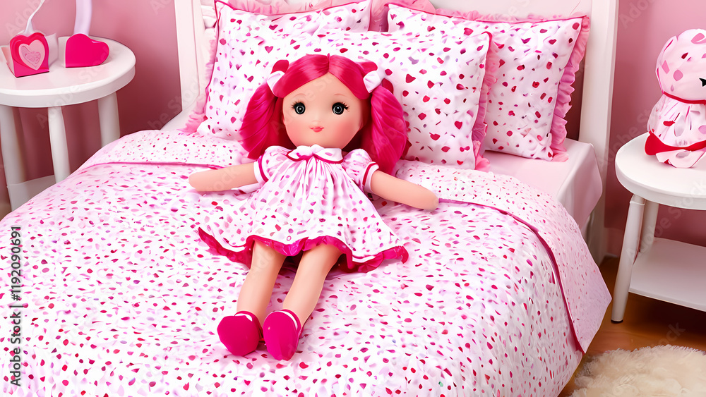 a pink love doll sit on the bed with a soft, plush texture, with heart-shaped designs or accents a pink love doll sit on the bed with a soft, plush texture, with heart-shaped designs or accents