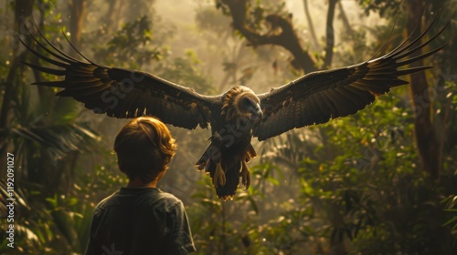 A majestic vulture with outstretched wings descends into a dense forest, its powerful presence contrasting with the blurred figure of a boy. photo