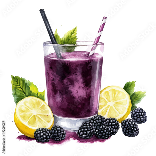 A watercolor of blackberry lemon juice, isolated on a white background. Blackberry Lemon Juice vector.
