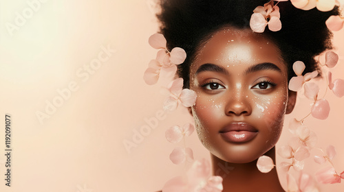 Radiant Woman with Dewy Skin and Floating Ginseng Extracts in Soft, Clean Background with Copy Space for Text photo