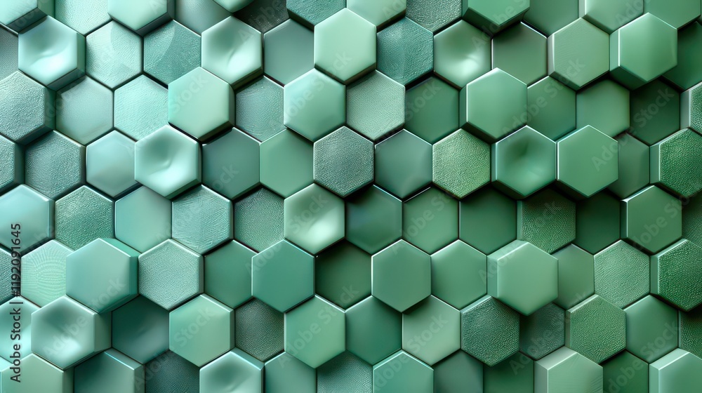 A textured wall of hexagonal tiles in varying shades of green, creating a modern aesthetic. A textured wall of hexagonal tiles in varying shades of green, creating a modern aesthetic.