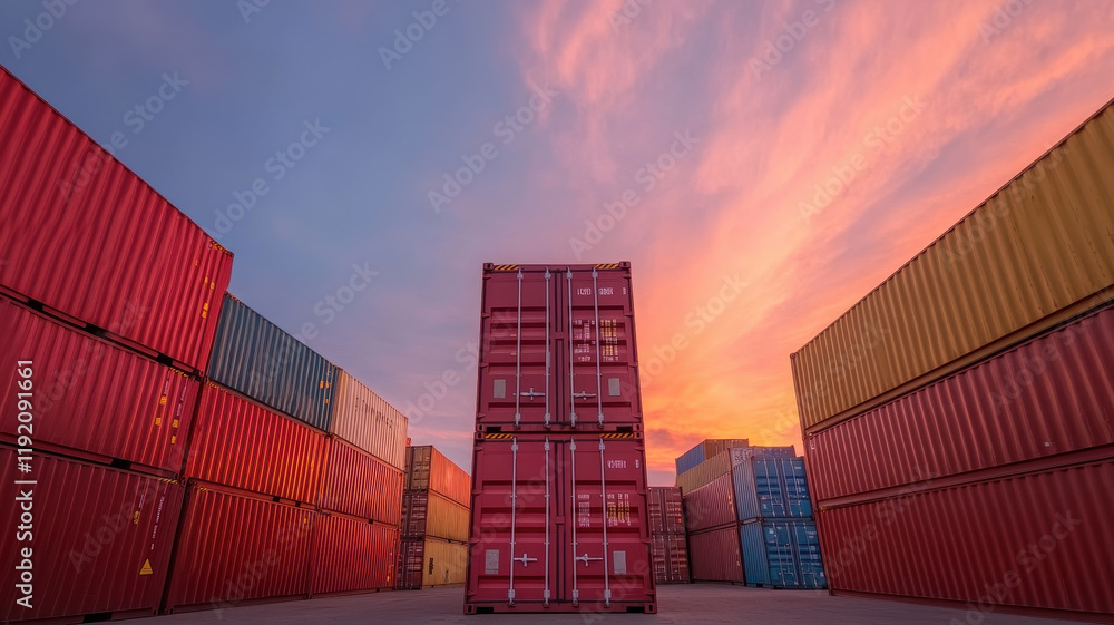 Fototapeta premium Vibrant cargo containers stacked in shipping yard at sunset, creating stunning visual