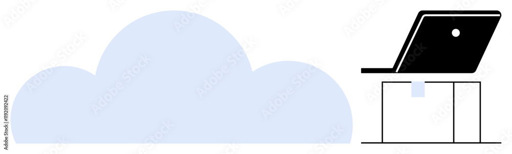 Large light blue cloud adjacent to a minimalist black laptop on a table. Ideal for cloud storage, online collaboration, remote work, internet technology, cloud services, data synchronization, digital Large light blue cloud adjacent to a minimalist black laptop on a table. Ideal for cloud storage, online collaboration, remote work, internet technology, cloud services, data synchronization, digital