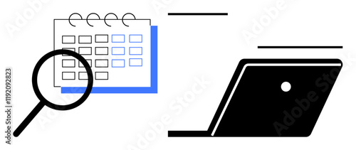 Calendar with magnifying glass highlighting tasks, alongside a laptop. Ideal for productivity, organization, scheduling, planning, remote work, time management project management. Abstract line flat