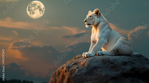 A white lion is sitting on a rock in front of a full moon