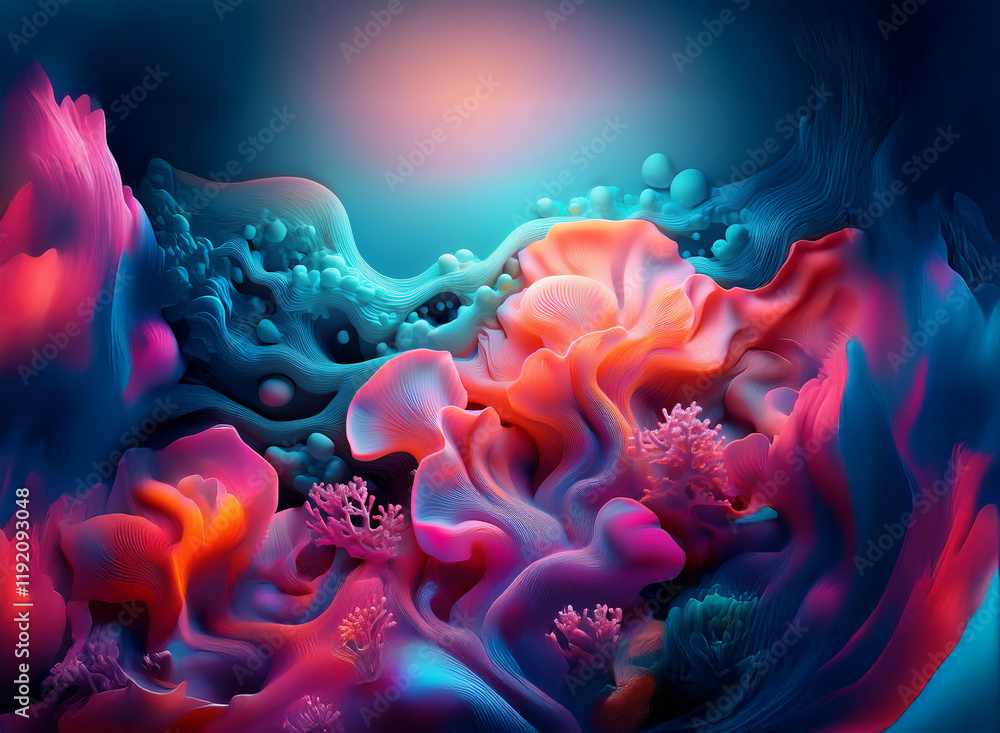 Obraz premium Vibrant, abstract swirls of pink, orange, and blue create a surreal underwater scene. A dark, moody background enhances the luminous colors and organic forms.