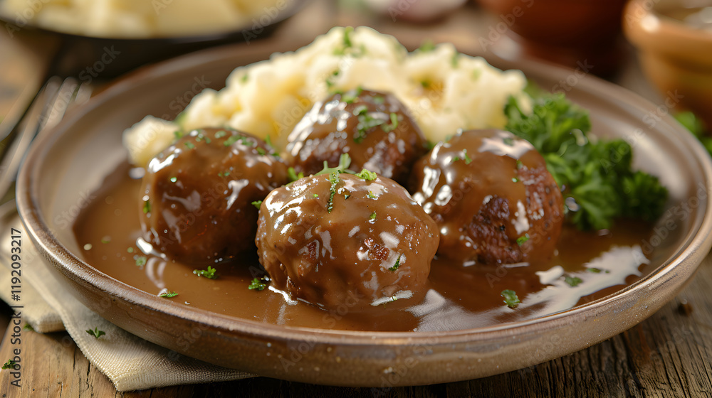 Delectable German Klopse Meatballs Served with Creamy Gravy and Mashed Potatoes Delectable German Klopse Meatballs Served with Creamy Gravy and Mashed Potatoes