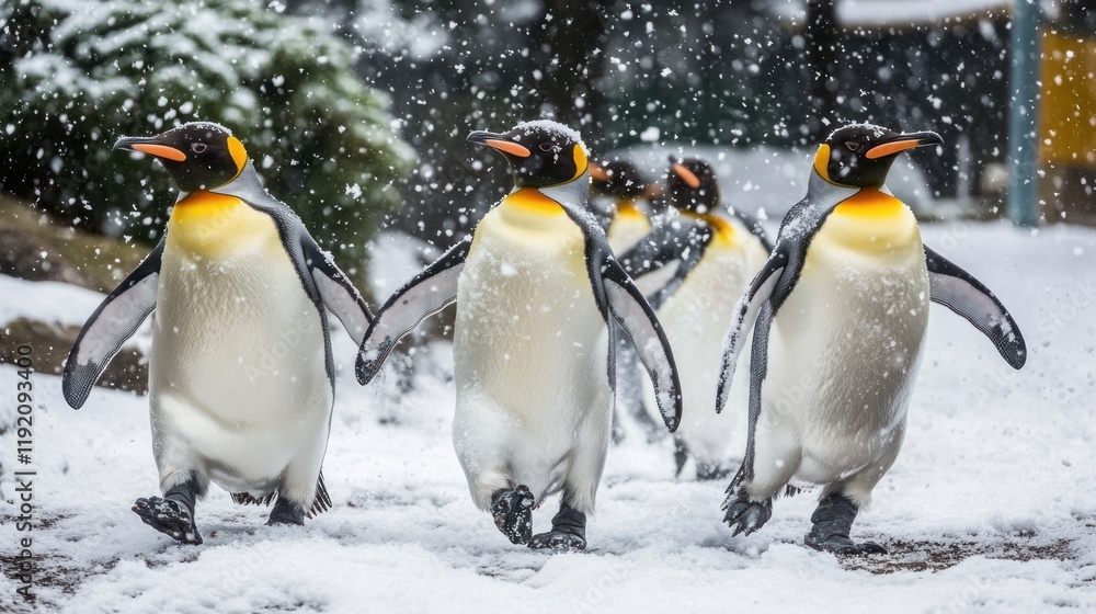 Fototapeta premium A group of King Penguins waddling in the snow, with trees in the background and snow falling