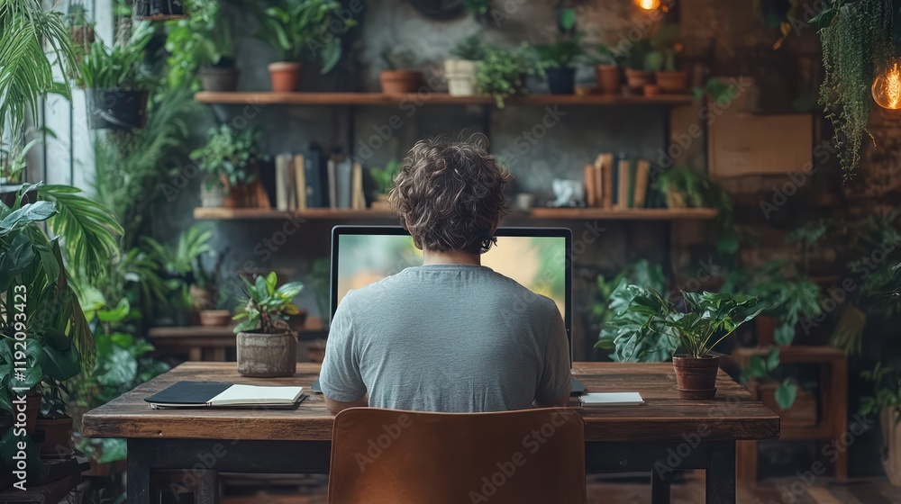 Serene Home Office: Man Working Amidst Lush Greenery Serene Home Office: Man Working Amidst Lush Greenery