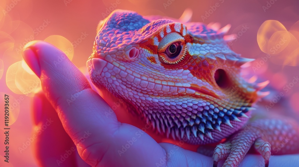 Obraz premium In a macro detailed setting, a vet hand-feeds a bearded dragon, making the dragon's vibrant colors stand out against the soft lighting, emphasizing its beautiful scales.