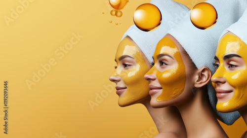 Glowing skin on models surrounded by turmeric extract, minimalist background, space for words photo