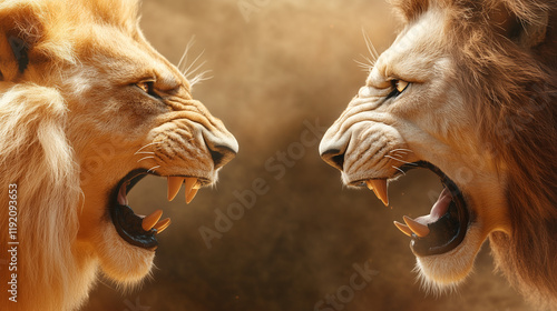 Lion Showdown: Two majestic male lions face off in an intense stare-down, their roars echoing silently, showcasing raw power and primal energy. photo