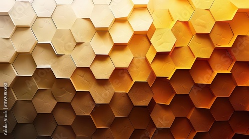 A textured pattern of hexagonal shapes in warm tones of gold and brown.