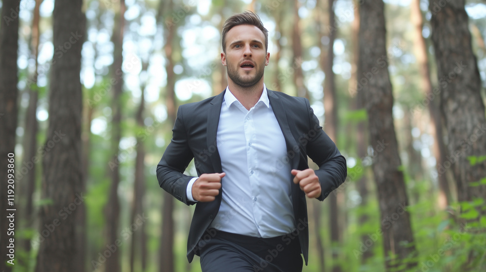 Driven: A determined businessman in a suit runs purposefully through a sun-dappled forest, conveying ambition and drive. Driven: A determined businessman in a suit runs purposefully through a sun-dappled forest, conveying ambition and drive.