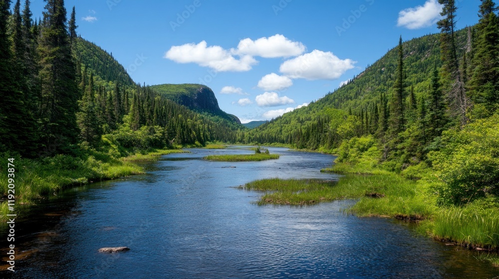 Tranquil river flows through lush green valley under a clear blue sky Tranquil river flows through lush green valley under a clear blue sky
