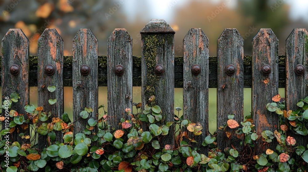 Fototapeta premium Weathered wooden fence with greenery.