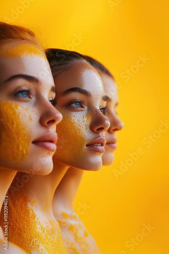 Dewy glowing skin on Asian models with floating turmeric extracts on a soft minimalist background with copy space photo