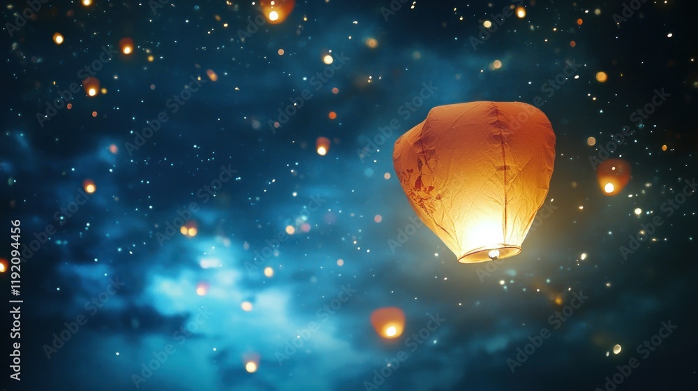 Illuminated sky lantern ascends amidst a myriad of glowing lights and dark blue night sky. Illuminated sky lantern ascends amidst a myriad of glowing lights and dark blue night sky.