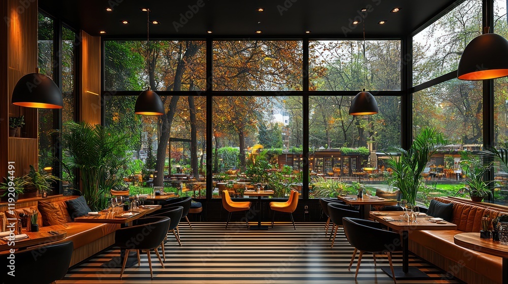 Fototapeta premium Modern restaurant with large windows and greenery.
