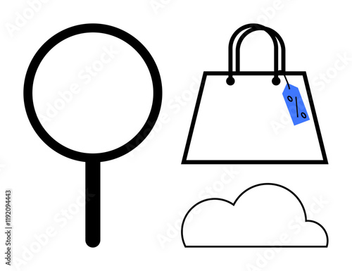 Magnifying glass, shopping bag with tag, and cloud represent online search, shopping, and cloud storage. Ideal for e-commerce, online retail, cloud services, digital marketing consumer behavior