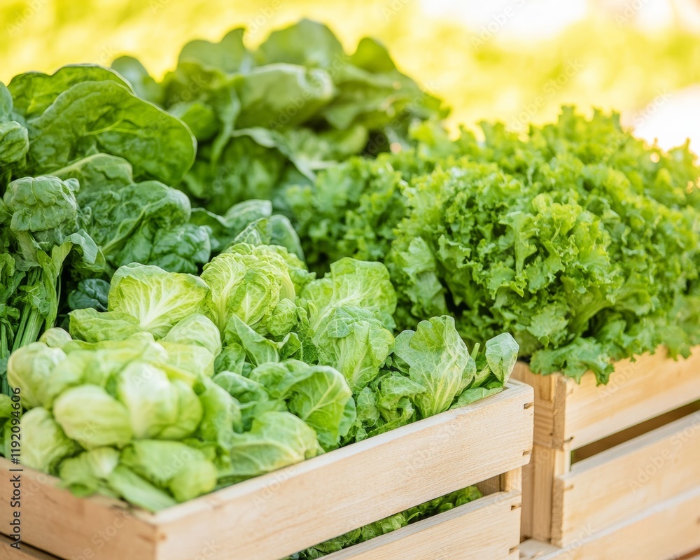 Fresh Green Vegetables in Wooden Crates at Outdoor Market Fresh Green Vegetables in Wooden Crates at Outdoor Market