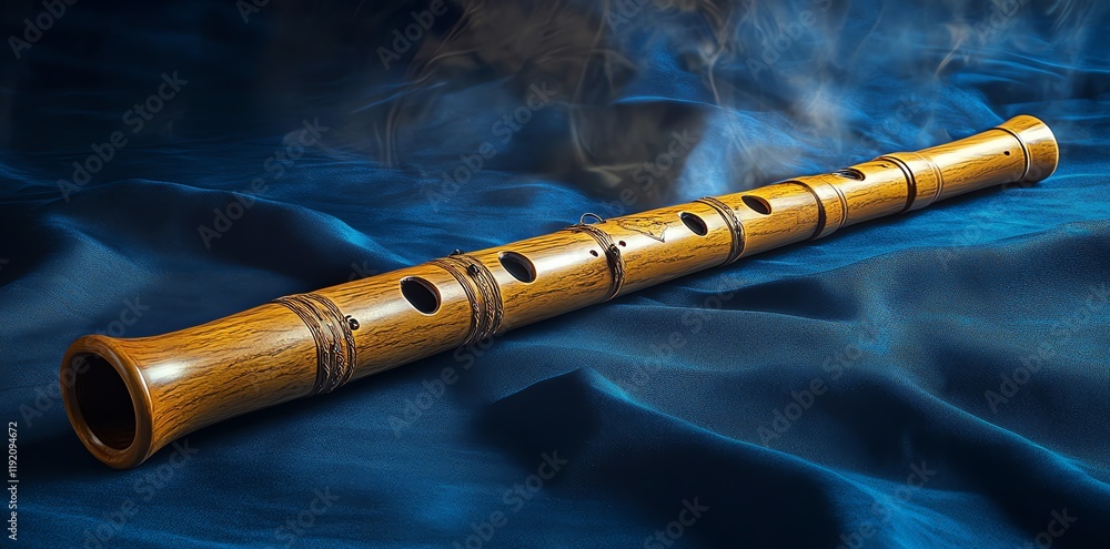Naklejka premium Wooden flute on blue silk with smoke.