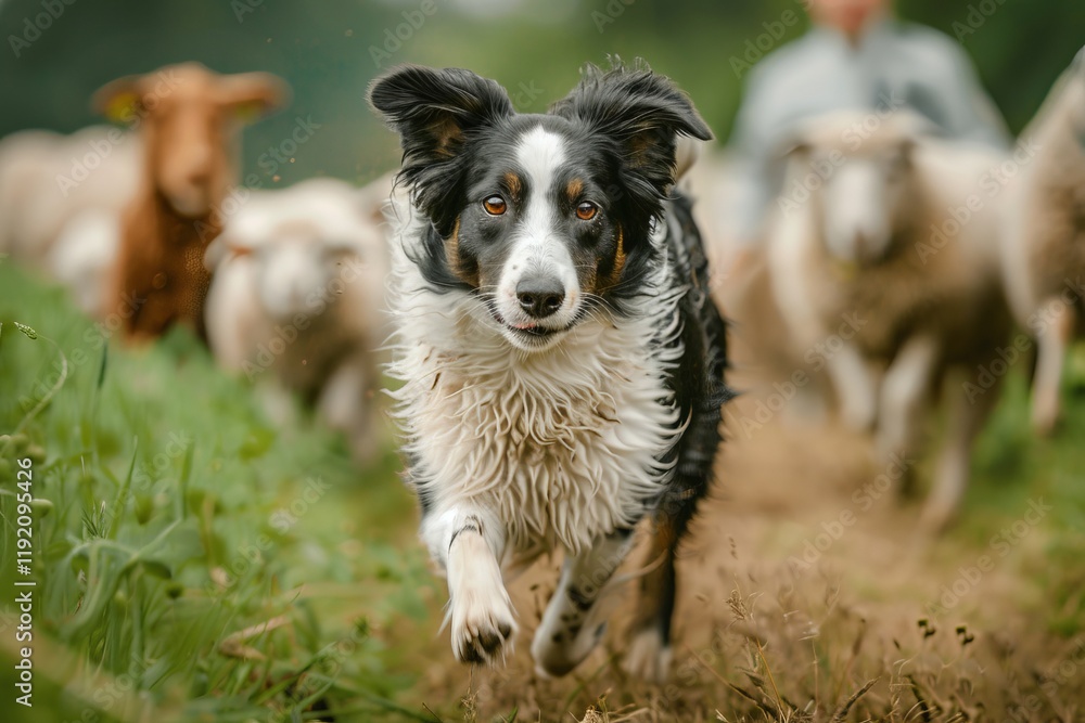 A Border Collie sprints across a field, herding sheep with focused intensity, capturing the energy of working dogs. A Border Collie sprints across a field, herding sheep with focused intensity, capturing the energy of working dogs.