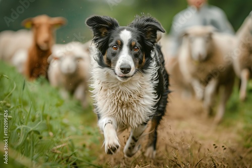 A Border Collie sprints across a field, herding sheep with focused intensity, capturing the energy of working dogs. photo