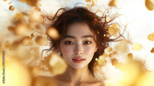 Fresh and glowing Asian skin with floating ginger extracts on a soft, clean, minimalist background photo