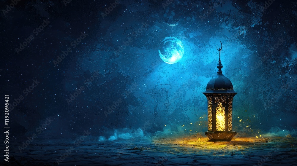Fototapeta premium Illuminated lantern under night sky, crescent moon, stars; Ramadan greeting card