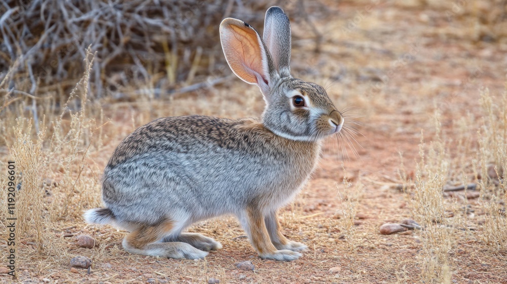 Fototapeta premium A jackrabbit stands still in its natural habitat, its ears erect and alert