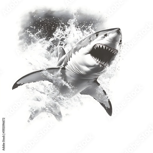 Monochrome illustration of a great white shark leaping from the water, splashing.