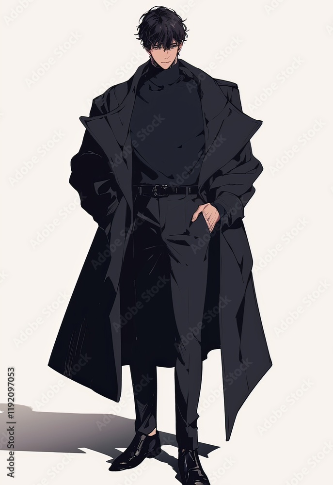 Anime-style full-body figure of a handsome adult male in a black coat with long sleeves, short hair, standing confidently with a mysterious aura Anime-style full-body figure of a handsome adult male in a black coat with long sleeves, short hair, standing confidently with a mysterious aura