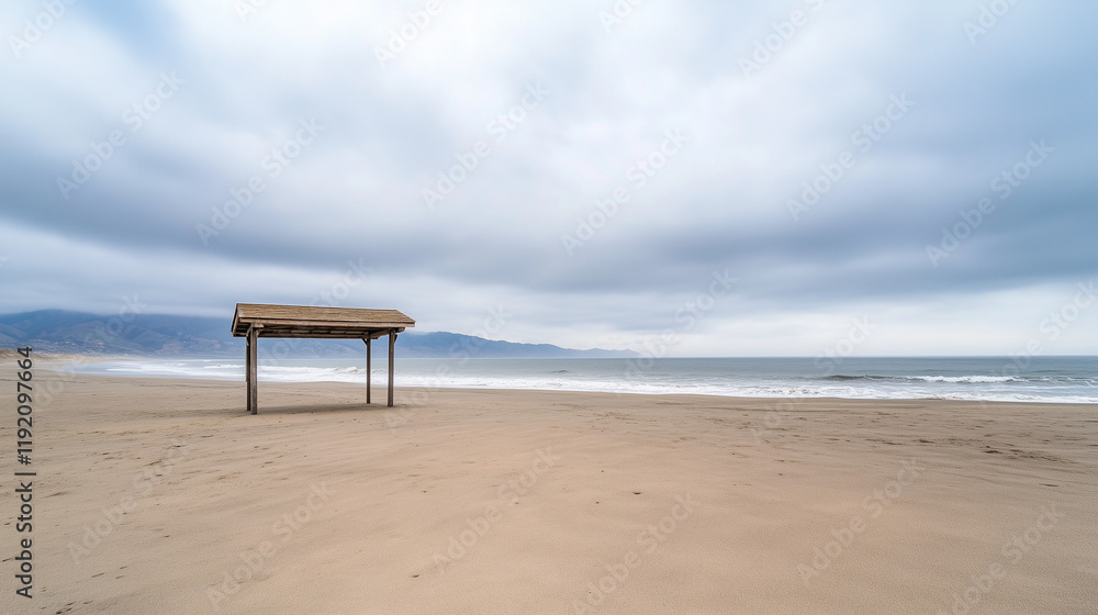 Fototapeta premium Solitary Shelter on a Coastal Beach: A simple wooden beach shelter stands alone on a vast, sandy beach under a brooding, overcast sky. The ocean stretches to the horizon.