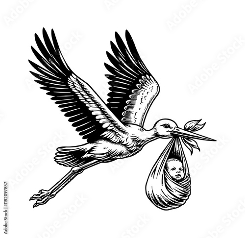 stork deliver baby engraving black and white outline