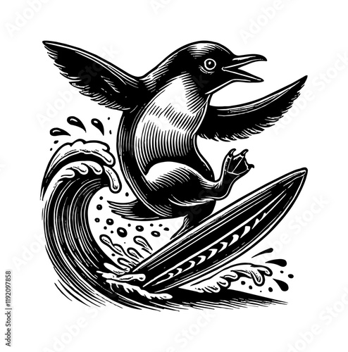 penguin surfing board engraving black and white outline